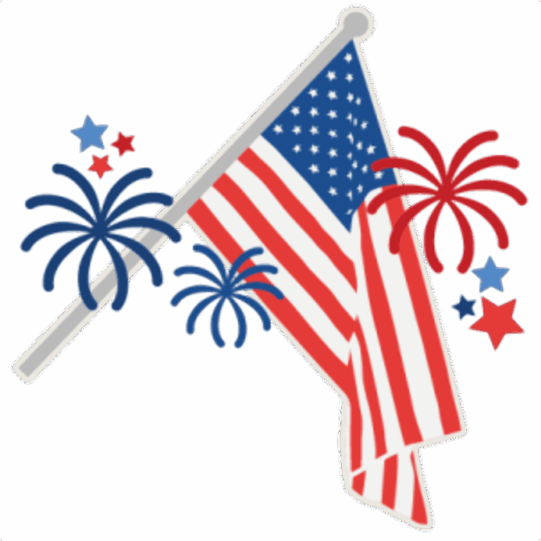Illustration of an American flag on a pole with red and blue fireworks and stars in the background, symbolizing a patriotic celebration such as Independence Day.