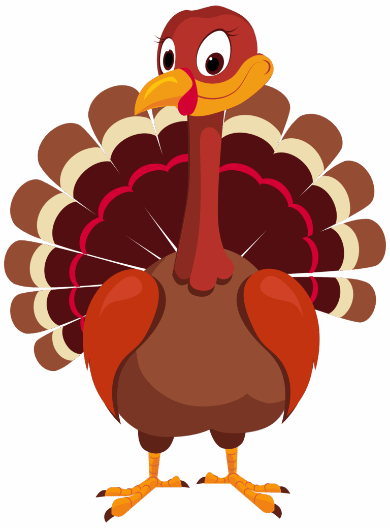 Cartoon illustration of a smiling turkey with large, colorful tail feathers in shades of brown, red, and cream, standing upright and facing forward.