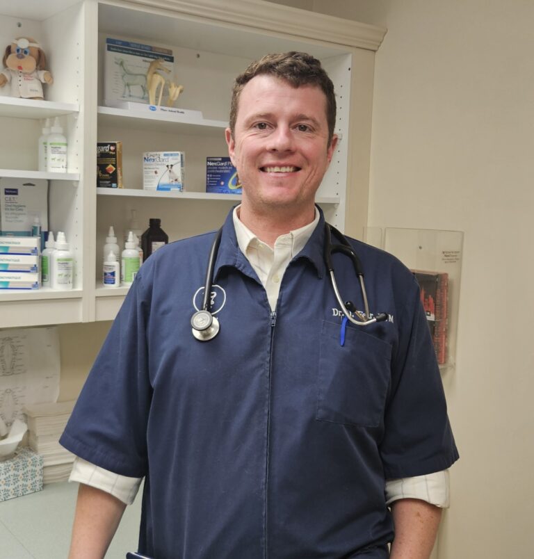 A veterinarian wearing a navy blue coat and stethoscope stands smiling in a clinic, with medical supplies and pet care products visible on shelves behind him.